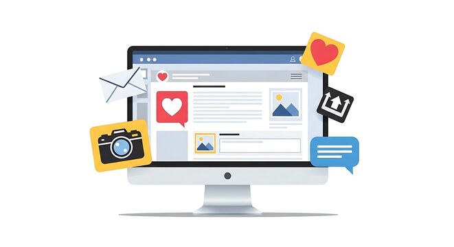 A computer monitor displays a social media feed with various icons and graphics floating around it, including a camera, speech bubble, and heart.