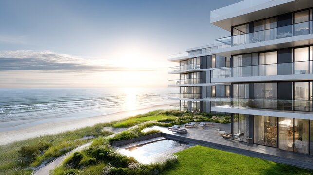 Luxury contemporary apartment building overlooks sunny ocean shoreline with private outdoor amenities
