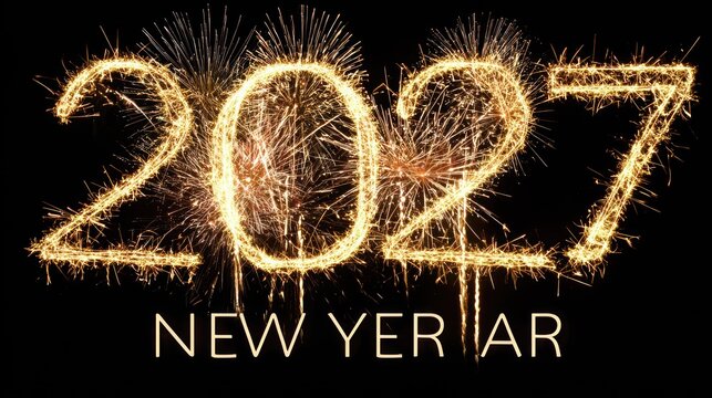 Glowing golden numerals indicate the arrival of the year two thousand twenty seven with festive pyrotechnics.