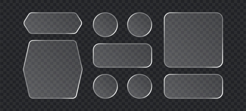 Set of glassmorphism style buttons and frames, transparent frosted glass ui elements with soft edges and light reflections, vector design assets for web and mobile interface
