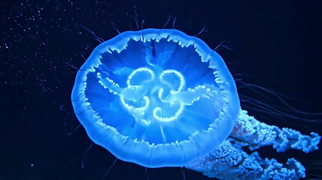 Bioluminescent jellyfish glowing blue underwater a mesmerizing marine creature in its natural habitat perfect for oceanography and nature themes