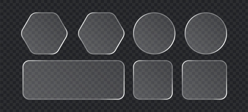 Set of glassmorphism buttons, frosted glass shapes, transparent ui elements with soft blur effect, modern geometric frames for web design, vector illustration