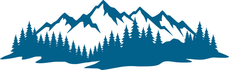 Obraz premium Jagged alpine peaks silhouette with foreground pines vector can Editable