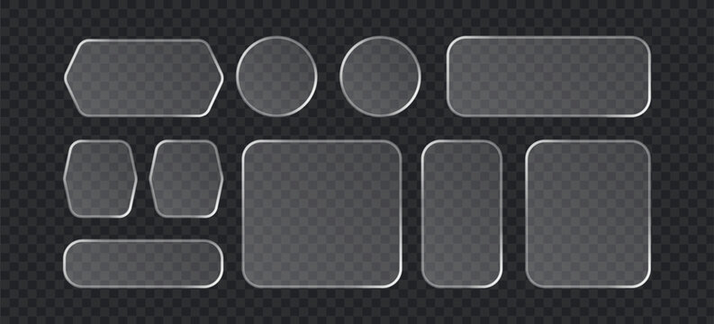 Set of glassmorphism style buttons and frames, transparent frosted glass ui elements with soft blur effect and glossy borders, vector design collection