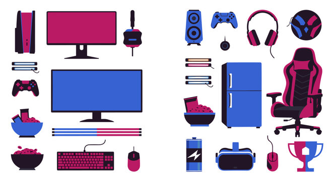 A collection of assorted gaming hardware and electronic entertainment equipment is neatly arranged against a clean white background in a vibrant flat design style.