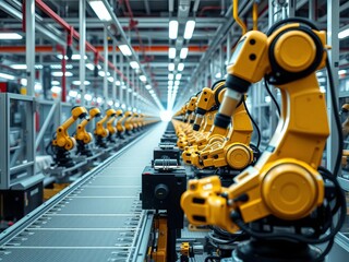 Fototapeta premium Assembly line with robots working efficiently, Productivity, Modern