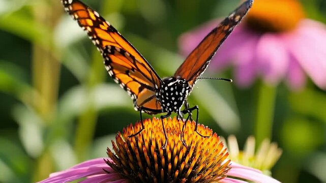 Monarch butterfly feeding on a purple coneflower close-up macro shot of insect in nature symbolizing summer and pollination