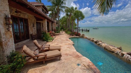 Fototapeta premium Luxury tropical residence features a stone terrace, infinity edge swimming pool, and waterfront access.