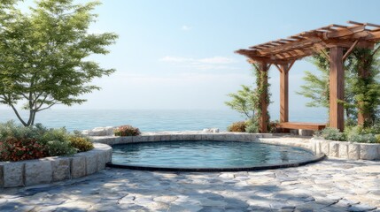 Obraz premium Luxurious stone patio surrounds a circular soaking tub overlooking a vast ocean horizon