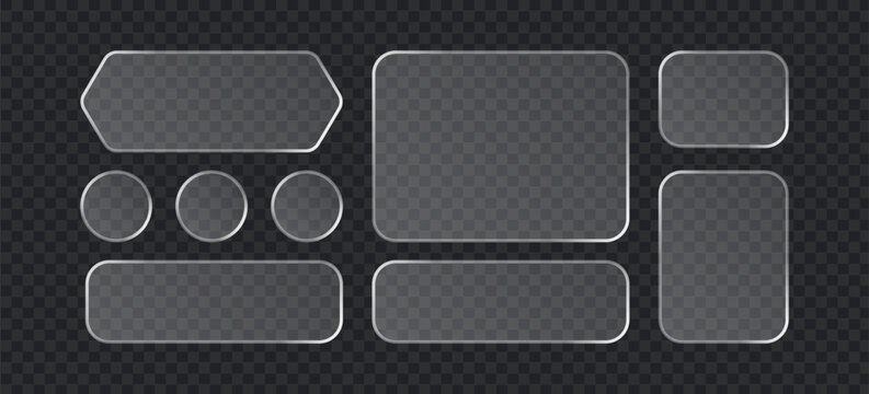Set of glassmorphism style ui elements, transparent frosted glass buttons and panels with soft shadows, vector illustration