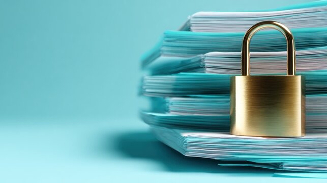 Golden padlock secures large stack of documents against a bright cyan background