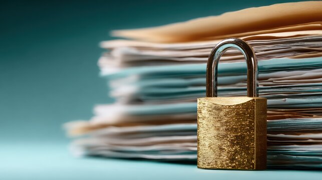 Brass padlock secures a towering stack of paper files against a cool background.