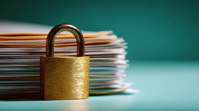 Solid metal padlock secures a thick stack of disorganized documents against a teal background