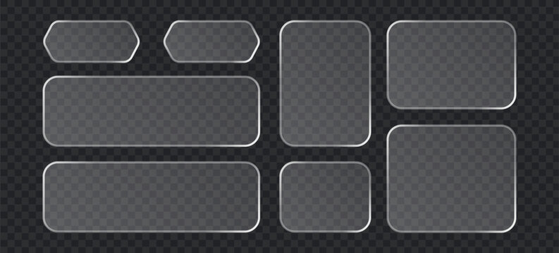 Set of glassmorphism style ui elements, frosted glass buttons and panels with rounded corners, transparent frames for web design, vector illustration
