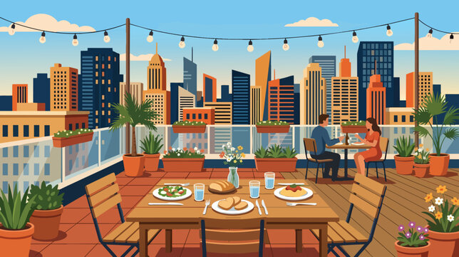 Summer Rooftop Dining Scene With Skyline and Table Setting