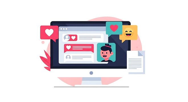A person interacts with social media on a computer surrounded by likes and emojis.