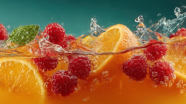 Fruit slices and berries splash in clear water