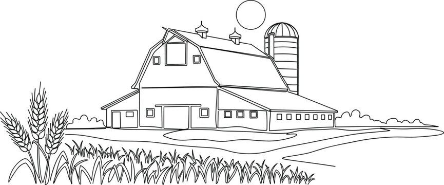Rural farmhouse with silo and wheat field illustration