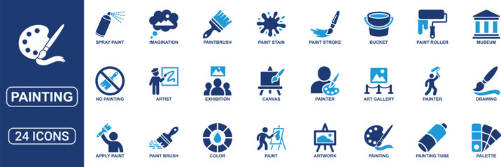 Painting Solid Icon Set Featuring Paintbrush, Artist, Artwork, Painter, Museum, Art Gallery, Paint Stroke, Canvas, Color Palette, Creative Tools and Illustration Elements Vector Icons © Flaticonic