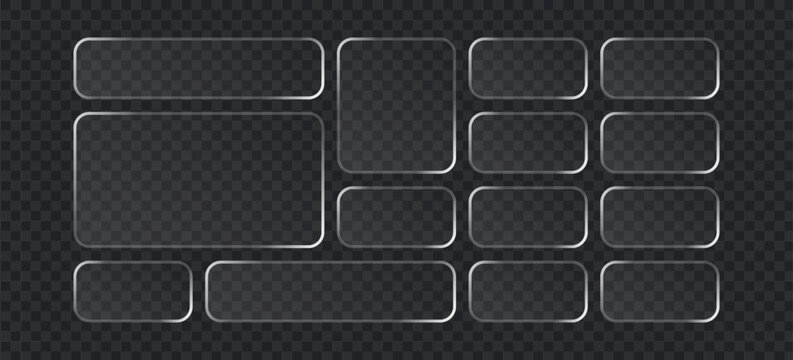 Set of glassmorphism style buttons and frames, transparent ui elements with frosted glass effect, glossy rectangular shapes with rounded corners