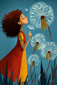 Girl blowing dandelion seeds in a colorful garden setting