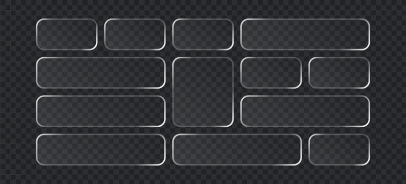 Set of glassmorphism style buttons, transparent rectangular frames with rounded corners, frosted glass effect ui elements for website or app interface design
