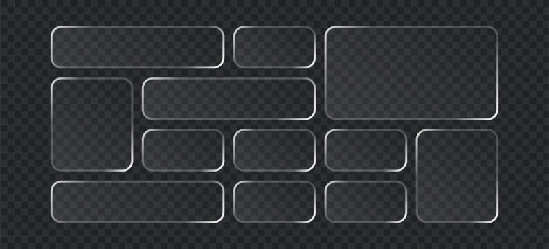 Set of glassmorphism style rectangular frames, transparent frosted glass buttons, ui elements for web design, glossy rounded panels with soft light reflections