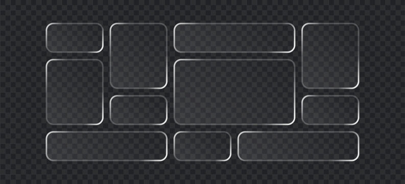 Set of glassmorphism style frames, transparent frosted glass rectangles with soft glowing edges, ui elements for web design, modern glossy buttons or banners, vector illustration