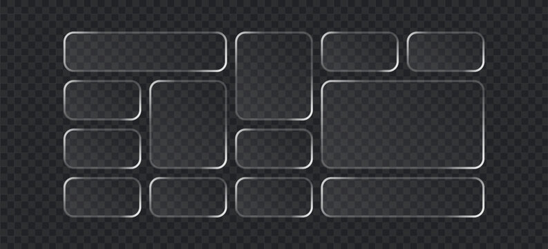 Set of glassmorphism style frames, frosted glass rectangles and squares with rounded corners, transparent ui elements for web design, vector illustration