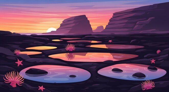 Vector illustration of tide pools on rocky coast at sunset