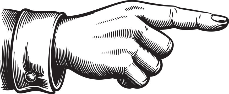 Vector illustration Human hand pointing finger gesture in vintage engraving style with shirt cuff button and hatching.