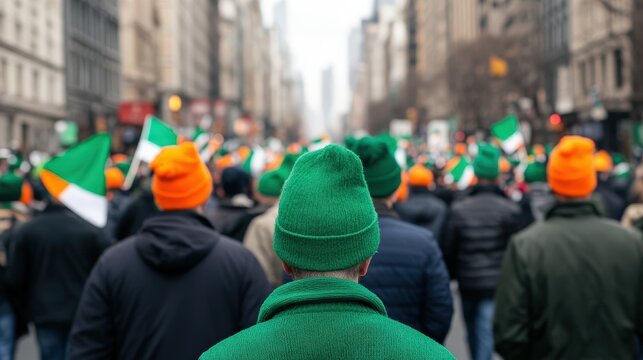 A crowd dressed in green and orange celebrates on a city street, waving Irish flags during a festive parade.