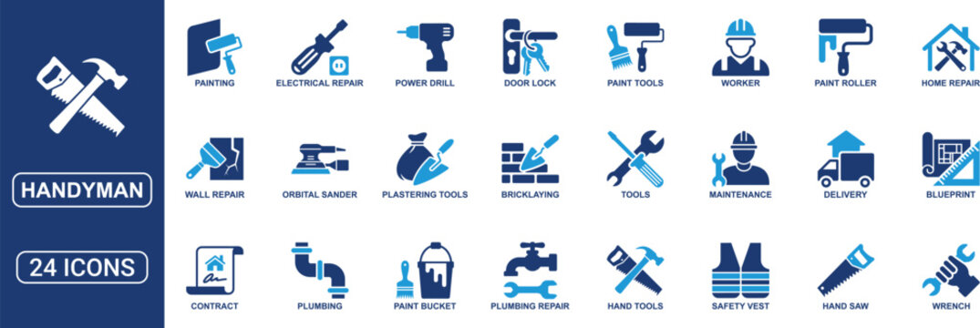 Handyman and Home Repair Solid Icon Set Featuring Construction Tools, Plumbing, Electrical Repair, Painting, Maintenance, Renovation, Worker, Power Drill, Wrench and Building Service Vector Icons