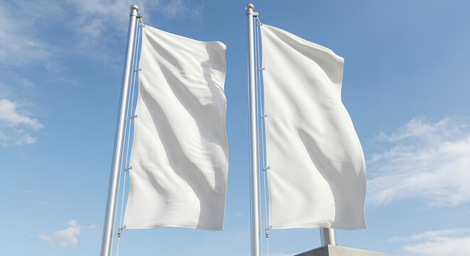 Two blank vertical white flags on poles for outdoor advertising mockup