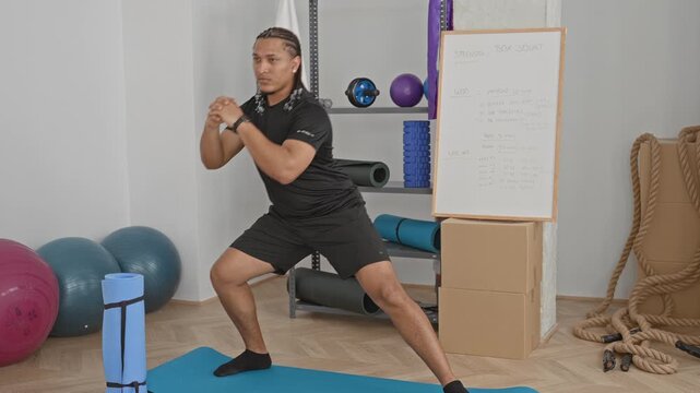 Man performing a wide lateral lunge with hands clasped in front, bent legs on a yoga mat and exercise equipment visible in studio; determination strength.