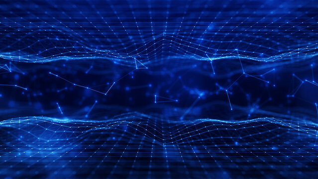 Abstract digital network with connected nodes, representing data transmission, connectivity, and advanced technology systems. Technology digital data network background 3d rendering