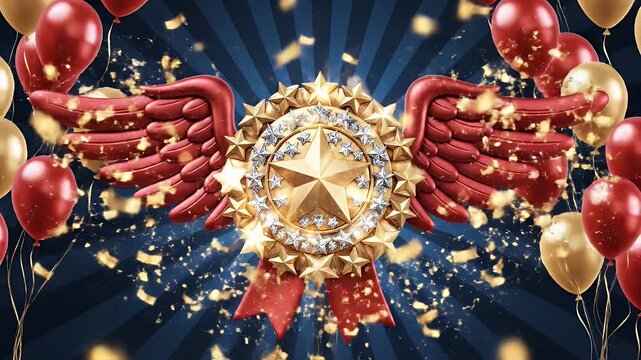 Award emblem with wings and balloons festive celebration graphic