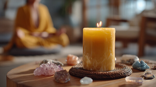 Burning yellow candle with crystals on a table, person meditating in background, healing stones