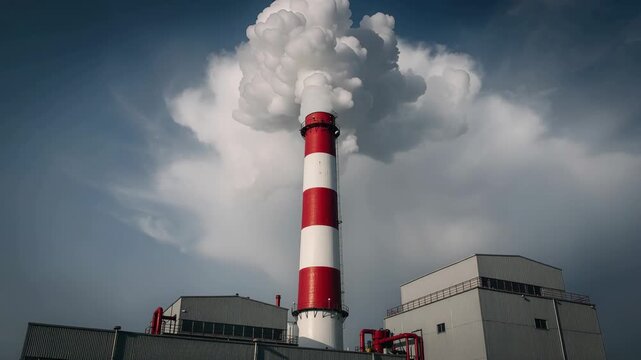 Industrial smokestack emitting thick white smoke into cloudy sky with red and white tower