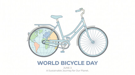 Fototapeta premium Flat illustration of a bicycle with Earth as the wheel, celebrating World Bicycle Day on June 3. Clean, modern design promoting eco-friendly transport, sustainable transportation, global cycling.