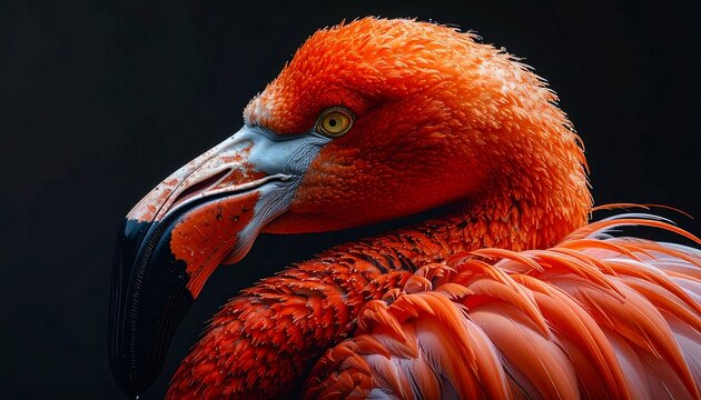 Close-up portrait of a vibrant pink flamingo with striking orange beak against a dark background, showcasing its detailed feathers and piercing yellow eye