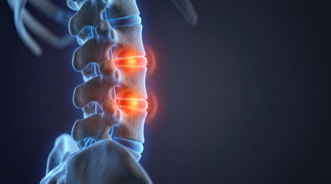 Close up of human backbone with glowing pain points