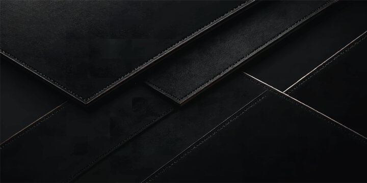 Premium Black Leather Texture with Layered Geometric Stitch Design, Luxury Upholstery Background, Modern Abstract Dark Leather Surface with Copy Space