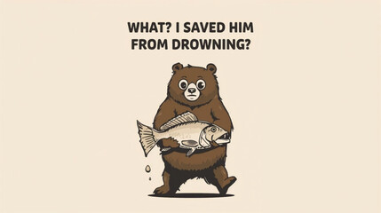 A humorous vintage-style illustration of a brown bear walking while holding a fish in its paws © Pemuda