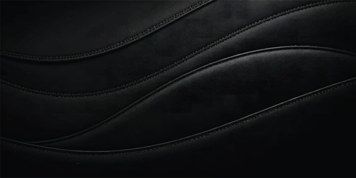 Luxury Black Leather Texture with Flowing Curved Stitch Lines, Premium Upholstery Abstract Background, Dark Elegant Leather Surface with Copy Space