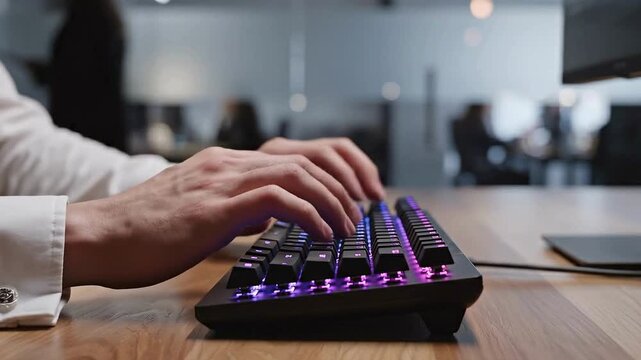 Close-up of hands typing on a mechanical keyboard with RGB lighting representing technology and productivity in an office setting