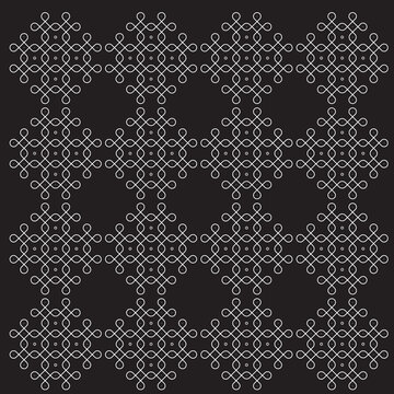 Traditional Indian Kolam pattern with white lines on black background, featuring intricate geometric knot designs and interlocking loops around a dot grid in a sixteen unit layout.