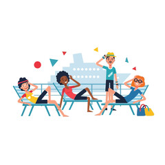 Fototapeta premium Flat vector illustration of diverse passengers relaxing on deck chairs on a cruise ship. Three people lounge while a man stands against a ship silhouette with geometric shapes.