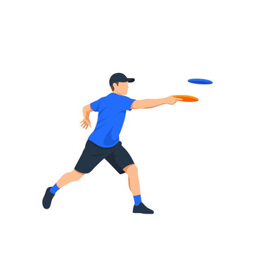 Flat vector illustration of a man wearing a blue t-shirt and black shorts throwing an orange flying disc with a second blue disc in flight, isolated on a white background.