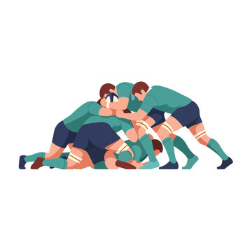 Flat vector illustration of rugby union players in teal jerseys and dark blue shorts competing in a scrum to gain possession of the ball, isolated on a white background.